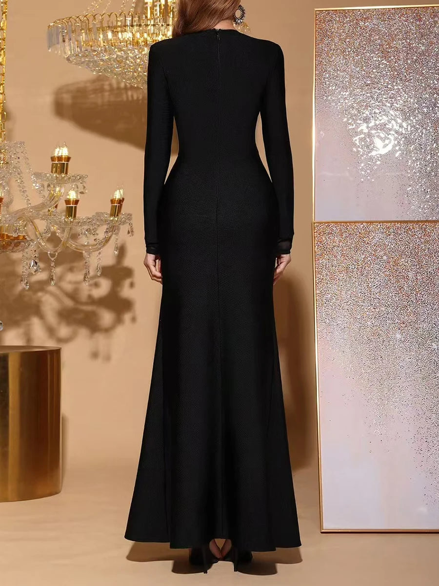 TWOTWINSTYLE Solid Slimming Spliced Diamonds Dresses for Women Round Neck Long Sleeves Patchwork Mesh Dress Female Clothing New