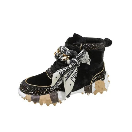 Hot Leather Casual Shoes Rhinestones High Top Sneakers Women Vulcanized Lace Up New Internet Celebrity All-Match Flat Thick Sole black-6706