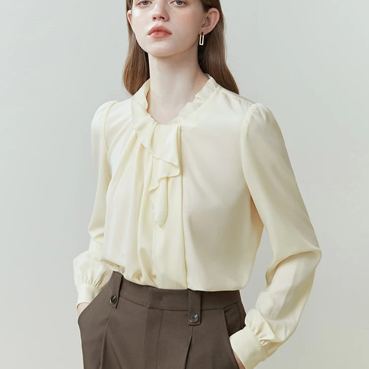 French Long-sleeved Vintage Shirt for Women Spring Summer Niche Style Wood Ear Design Commuter Solid Shirt Office Lady