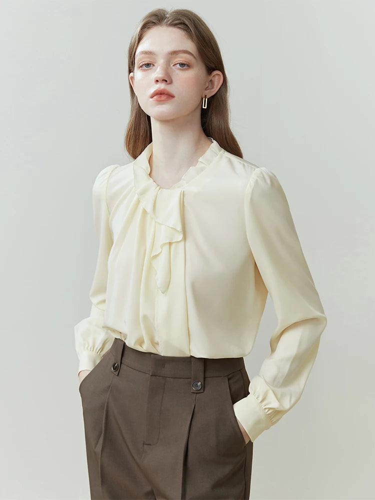 French Long-sleeved Vintage Shirt for Women Spring Summer Niche Style Wood Ear Design Commuter Solid Shirt Office Lady