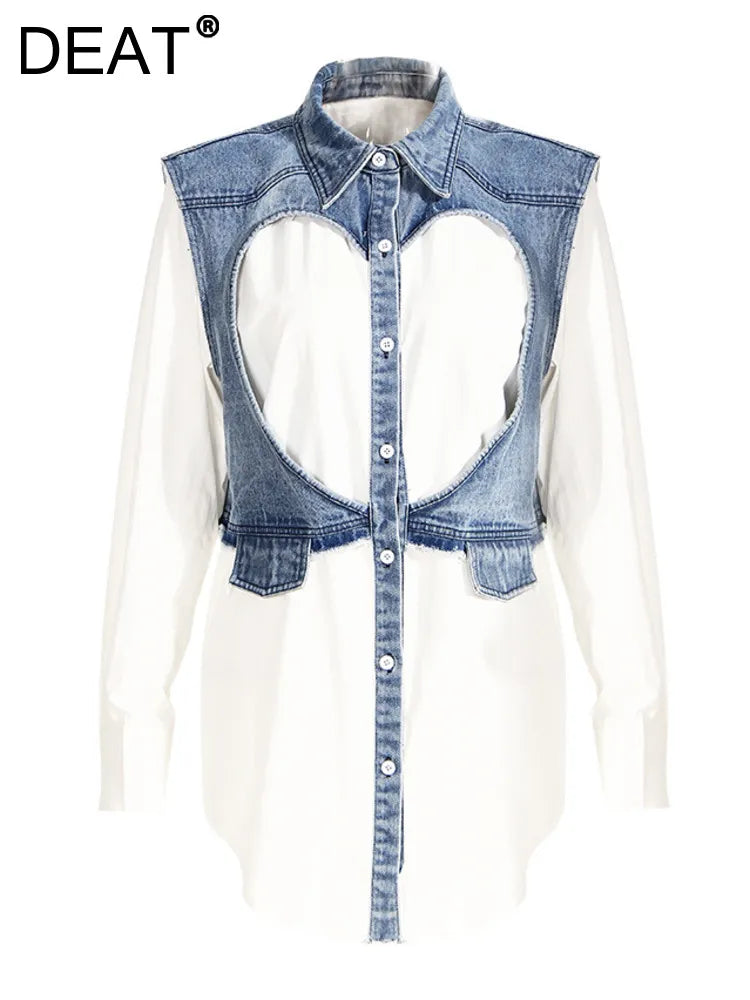 DEAT Fashion Women's Denim Shirt Lapel Loose Hollow Out Single Breasted Denim Splice Fake Two Pcs Blouse Summer New 17A8112