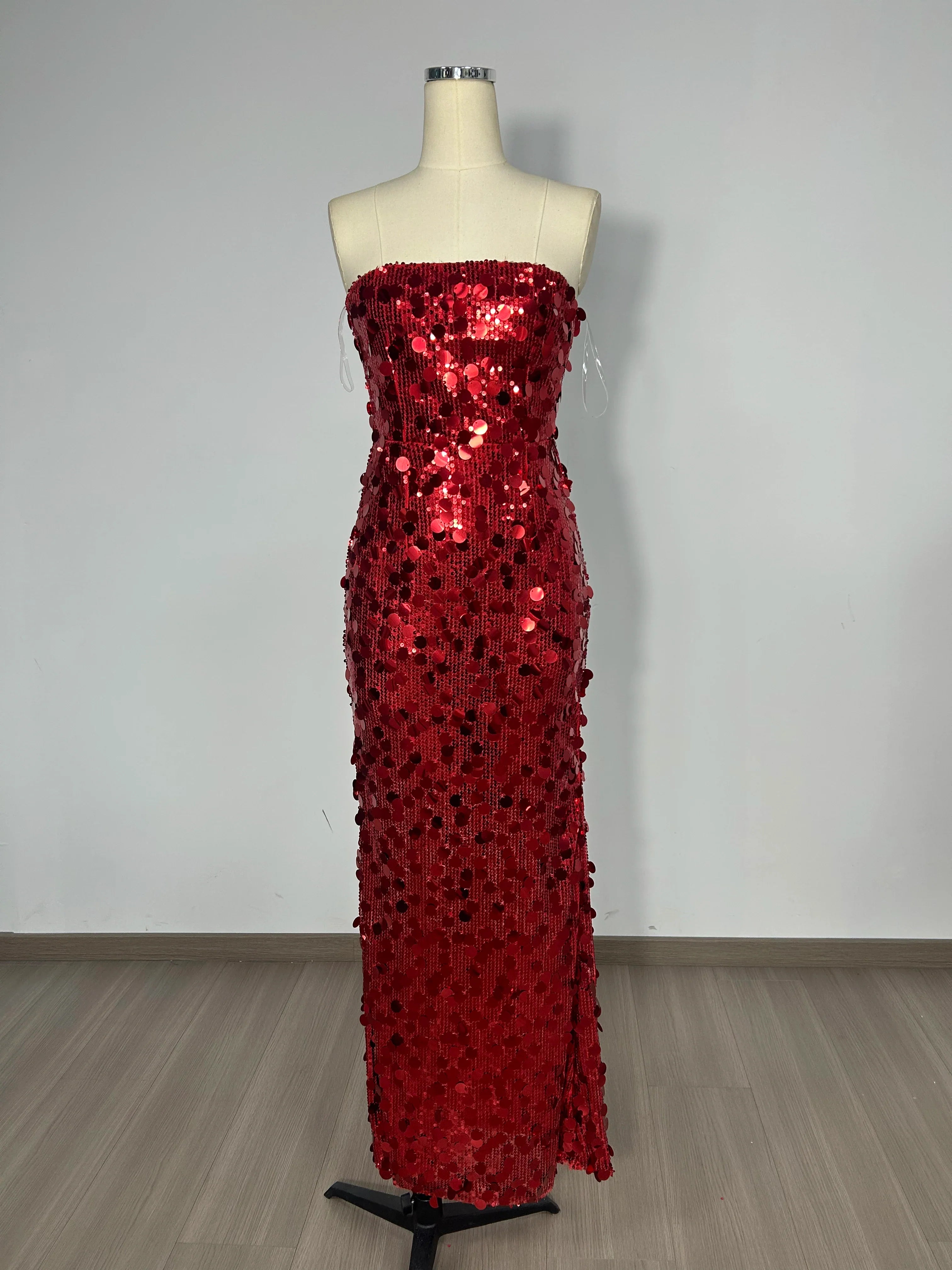 Christmas Style Women Shinning Red Sequins Strapless Bodycon Long Dress Celebrate Birthday Party Nightclub Outfit Vestido