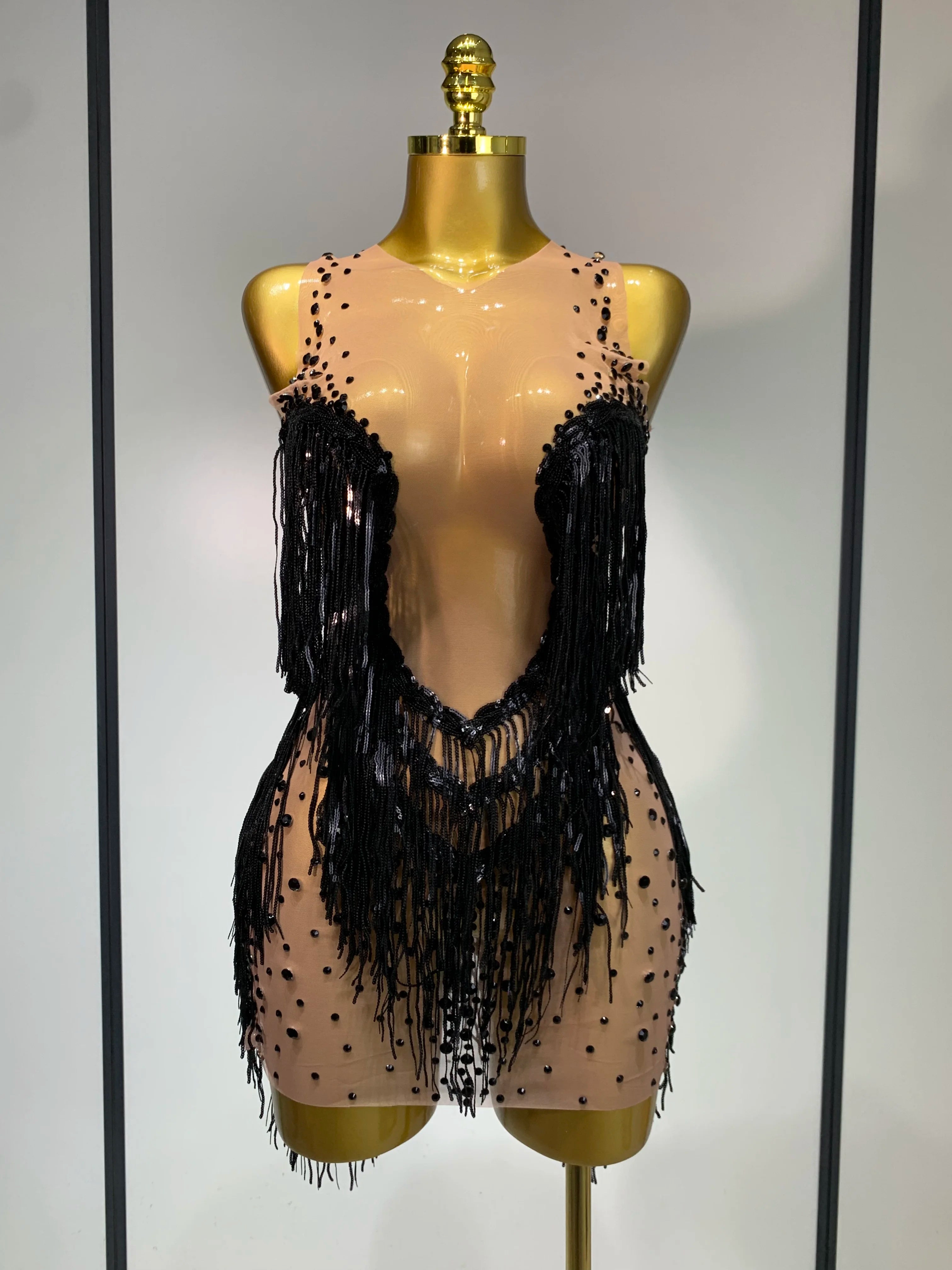 High Quality Rhinestones Tassels Mini Dress Suit Luxury Women Sexy See Through Mesh Party Club Dresses Performance Stage Outfit