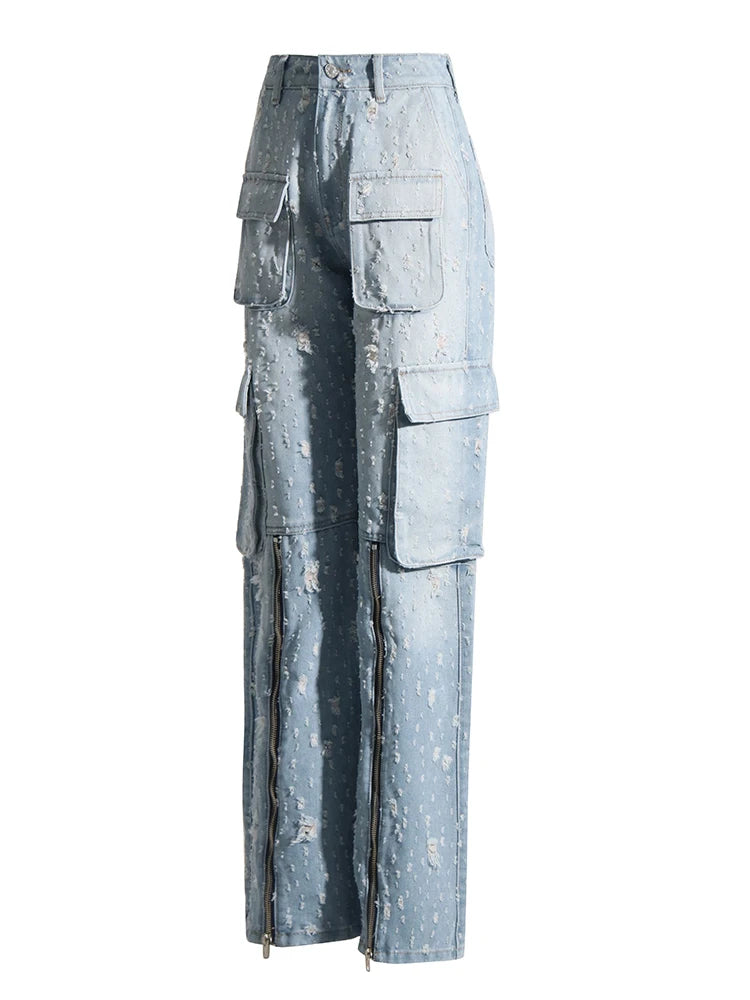 Solid Patchwork Pockets Casual Denim Trousers For Women High Waist Spliced Zipper Streetwear Wide Leg Jeans Female Fashion