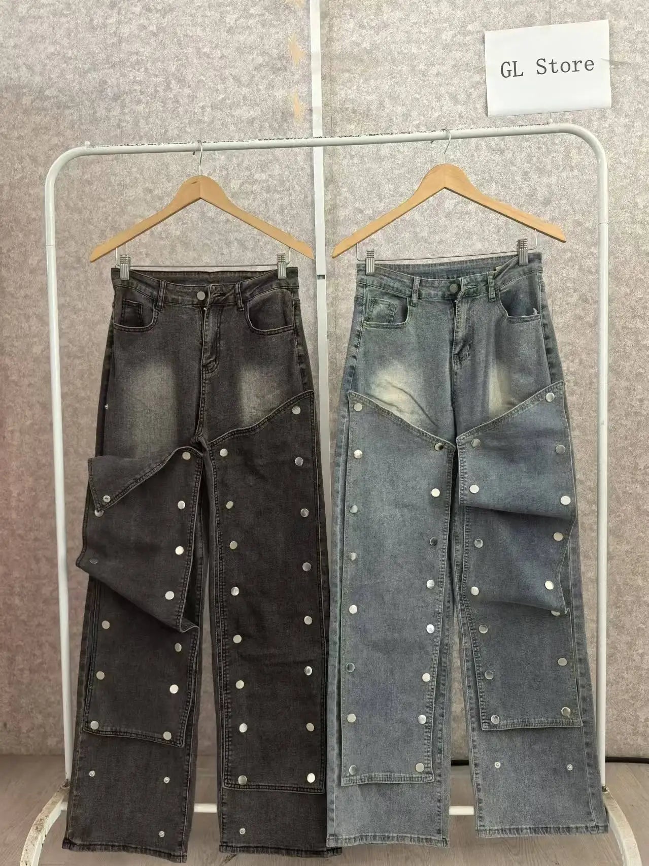 CM.YAYA Women Streetwear Button Cutout Cargo Straight Denim Wide Leg Jeans Pants 2024 INS Elastic Fashion Party Cargo Trousers