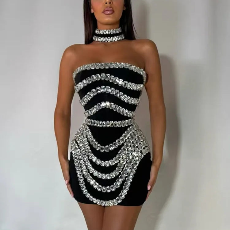Vestido curto preto sem alças com contas e bandagem colado ao corpo, elegante, para festa noturna, verão, celebridade, 2025