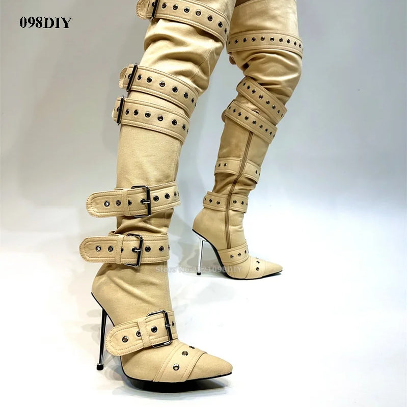 Denim Thigh High Boots Women Sexy Super Pointy Toe Punk Metal Buckle High Heels Shoes Ladies Puttee Blue Biker Boots De Mujer as showed color 2