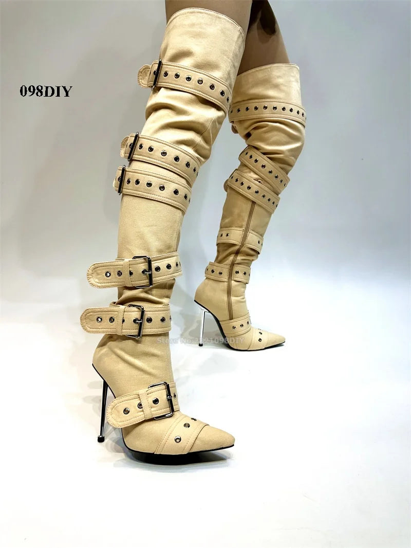 Denim Thigh High Boots Women Sexy Super Pointy Toe Punk Metal Buckle High Heels Shoes Ladies Puttee Blue Biker Boots De Mujer as showed color 2