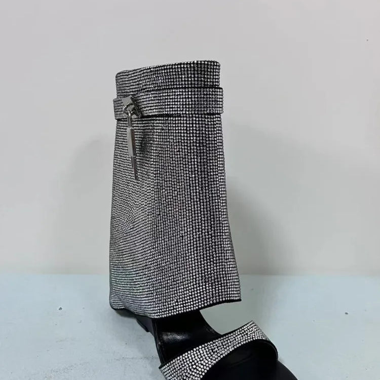 Summer New Rhinestone Cool Boots Fashion Square Head Side Zipper Open-toe Women's Short Boots Fashion Show Sexy Leg Boots black