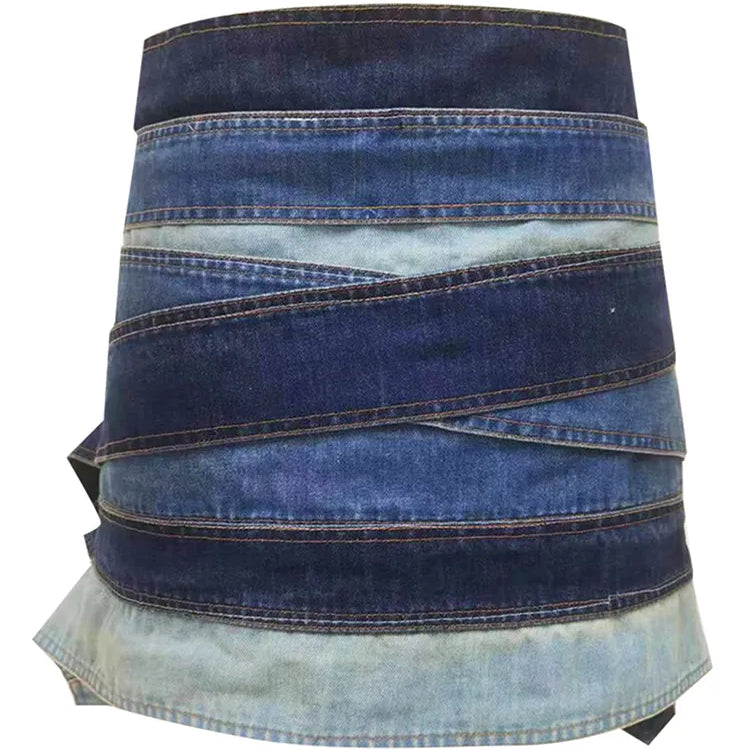 DEAT Fashion Women's Denim Skirt Low Waist Washed Irregular Metal Hole Belt Spliced A-line Skirts Autumn 2023 New Tide 7AB767