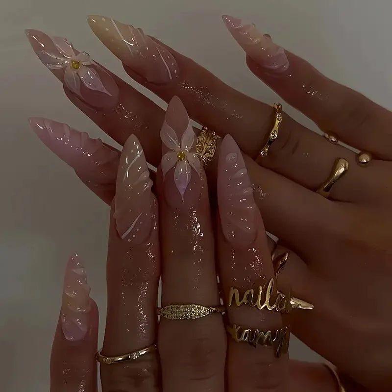 24Pcs Pink Gradient False Nail 3D Flower Rhinestone Design Press on Fake Nails Long French Almond Wearable Full Cover Nails Tips