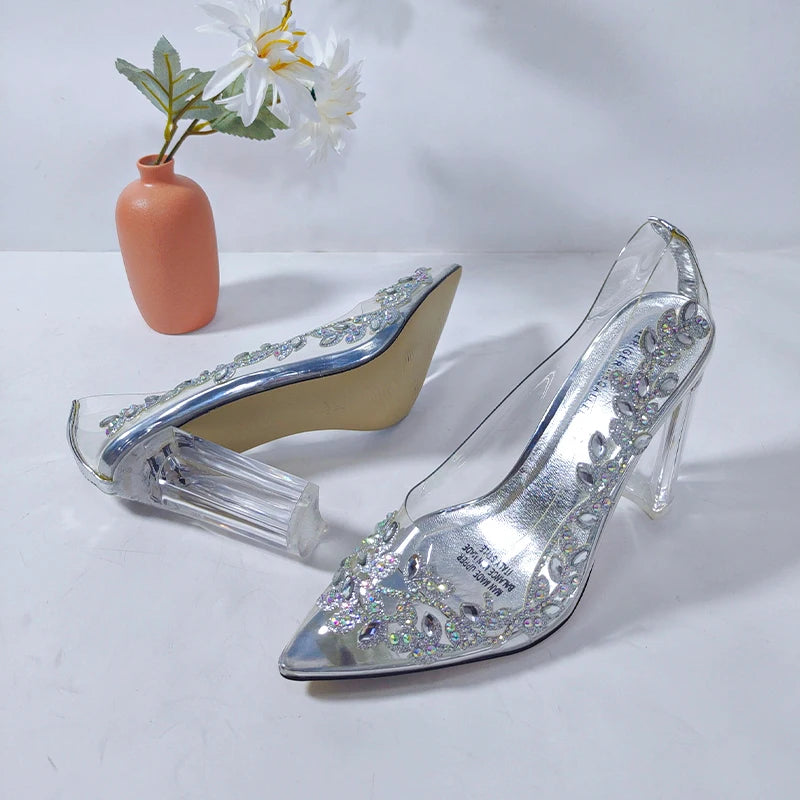 Rhinestone Silver Pointed Toe Clear Shoes Elegant Party Wedding Bridal Ladies High Heels Sandals