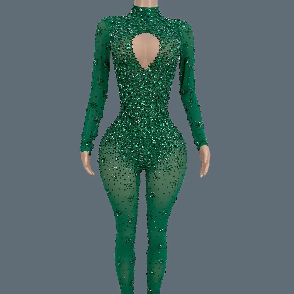 Sparkly Rhinestone See Through Mesh Tight Fitting Jumpsuit Women Night Party Outfit Female Singer Stage Performance Wear Cuican