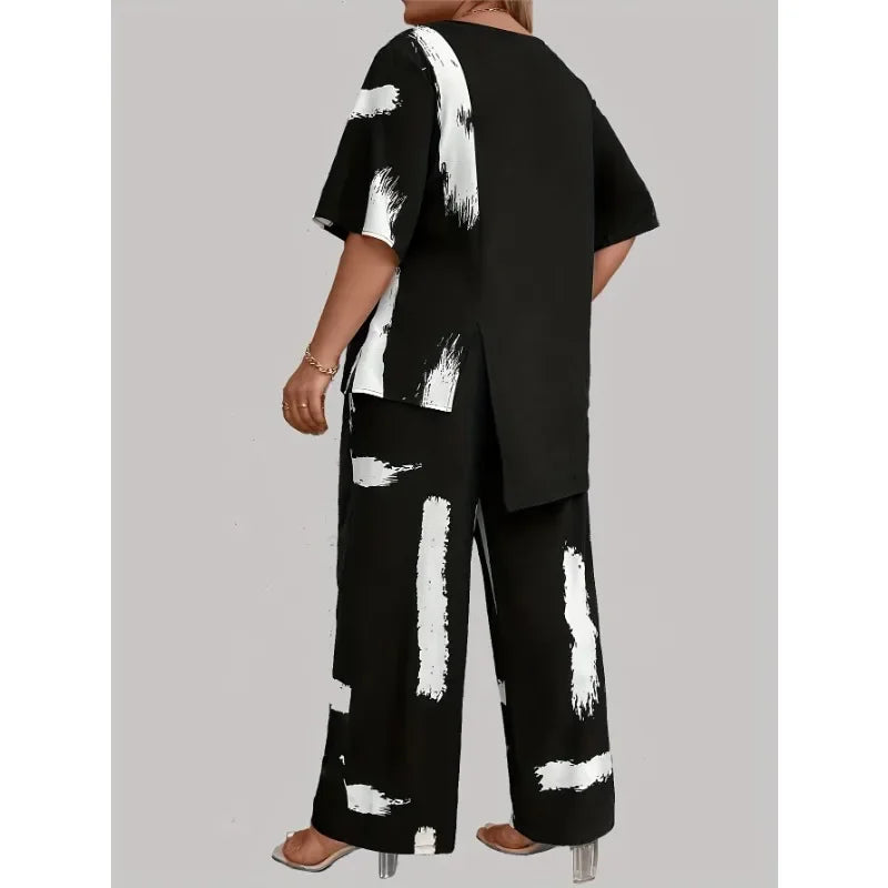 Plus Size 1XL-5XL Women's Brush Print EleganceRound Neck Short Sleeve Split Top & Matching Pants 2 Piece Outfit Set