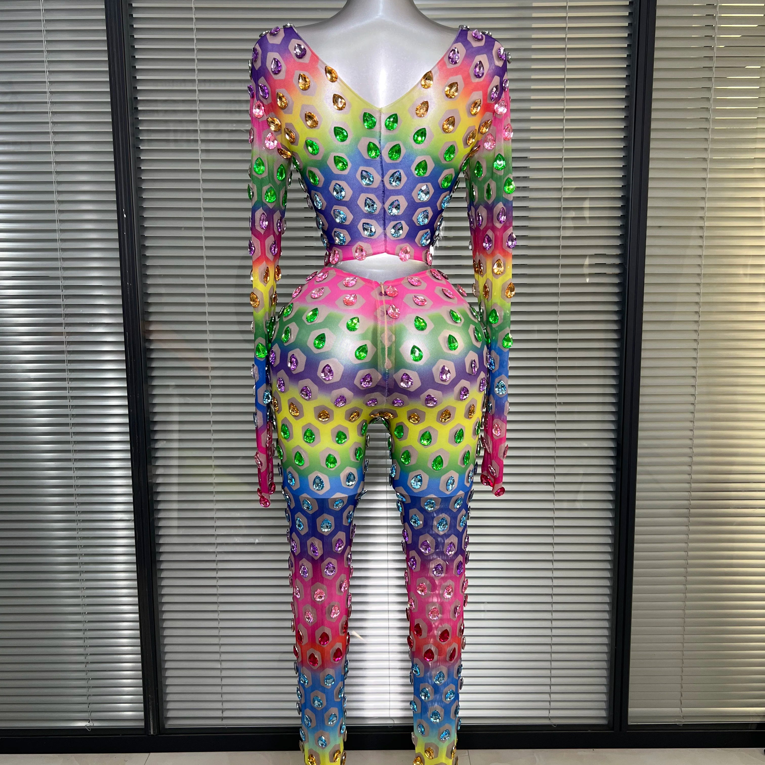 Women Sexy Two Pieces Set Crystal Diamond Night Club See Through Stretched Pants Suits Singer Dancer Stage Performance Costume