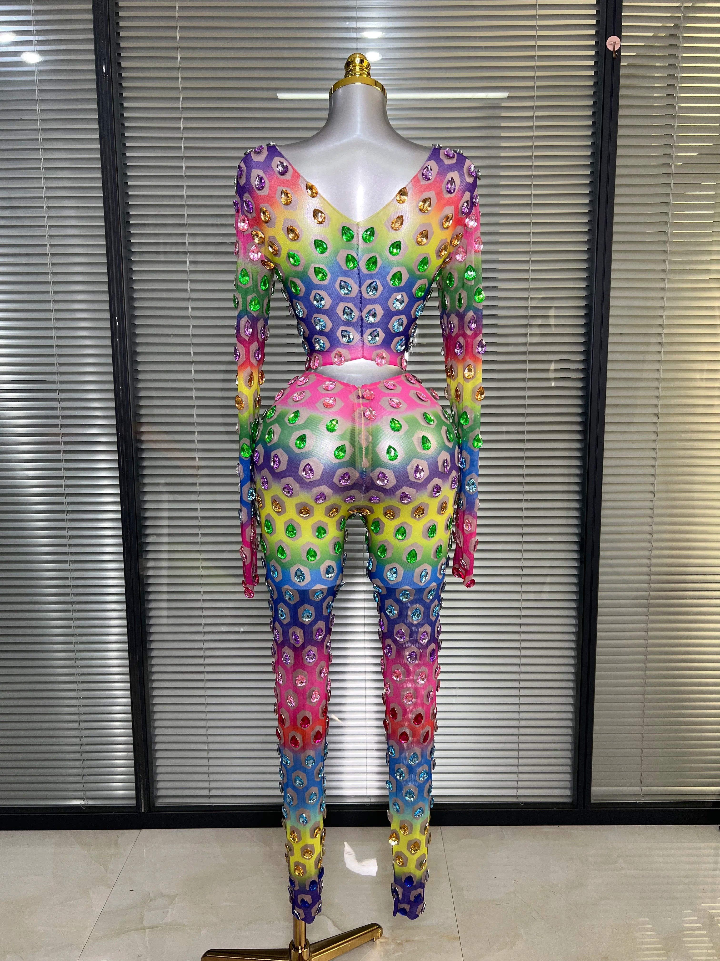 Women Sexy Two Pieces Set Crystal Diamond Night Club See Through Stretched Pants Suits Singer Dancer Stage Performance Costume