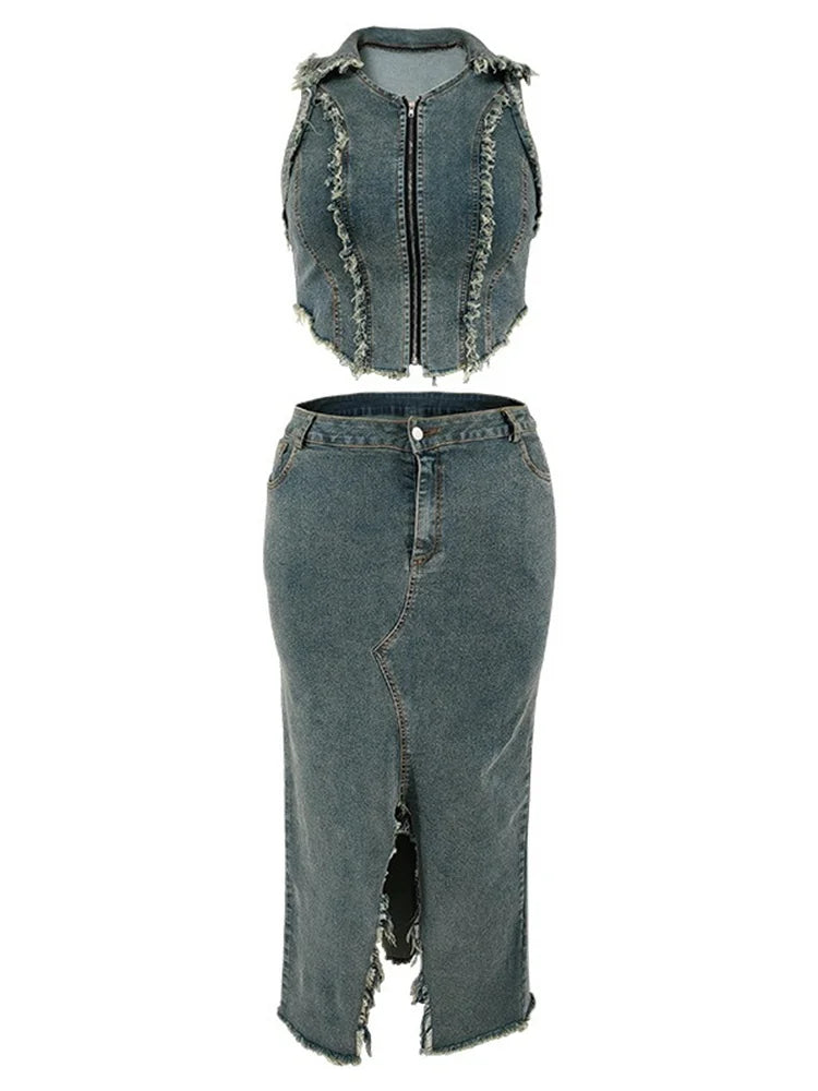 Wmstar Women Plus Size Denim Skirts Sets Two Piece Set Casual Summer Turn-down Collar Crop Tops Streetwear Matching Suits 2024