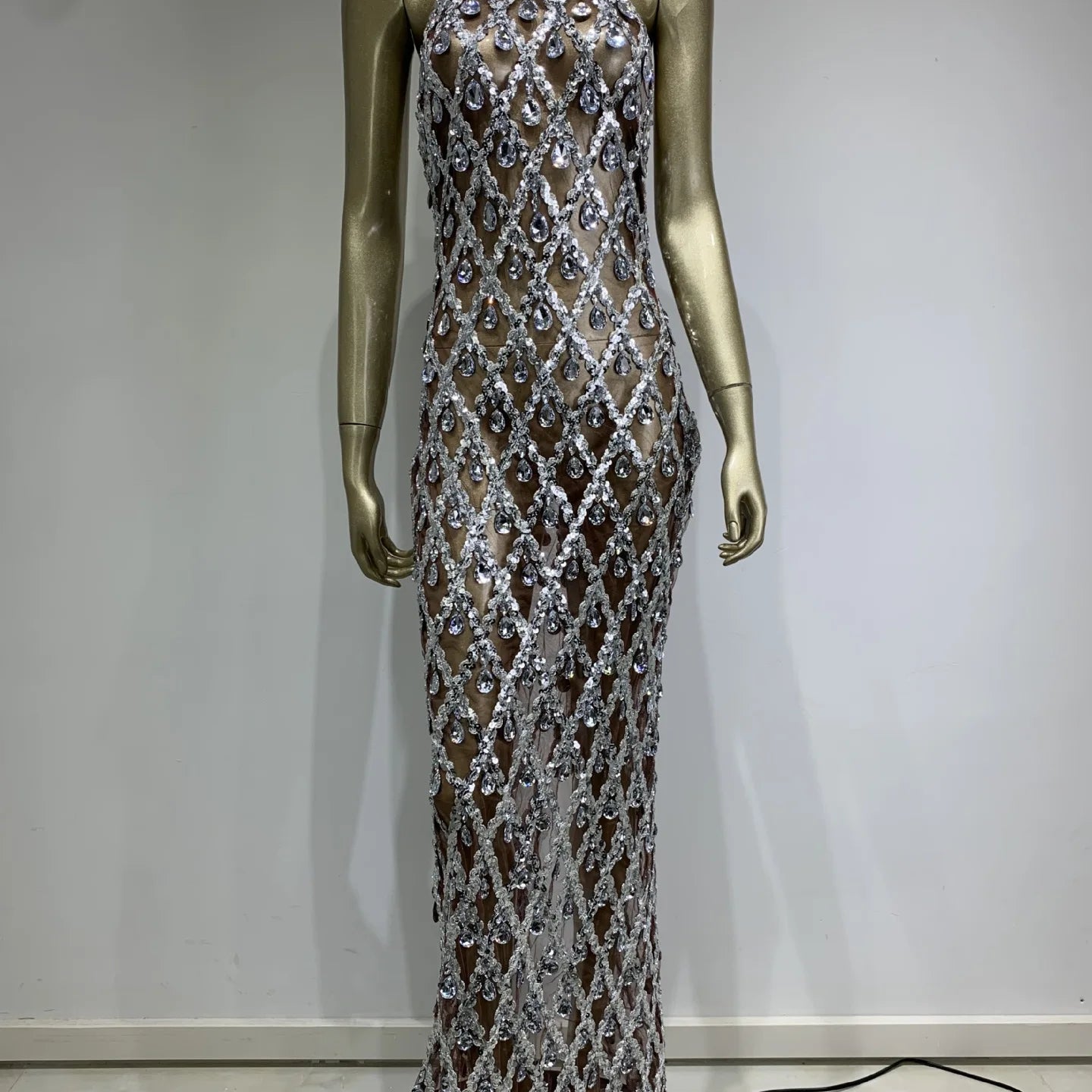 Stock Women Luxury Sexy Mesh Crystal Diamonds Beading Long Dress Birthday Party Costume Bar Nightclub Stage Performance Dress