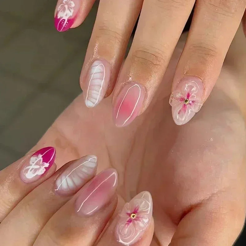 24pcs Short Almond Press on Nails 3D Flower Butterfly Fake Nails with Glue Colorful Natural Acrylic False Nails Full Cover Nails