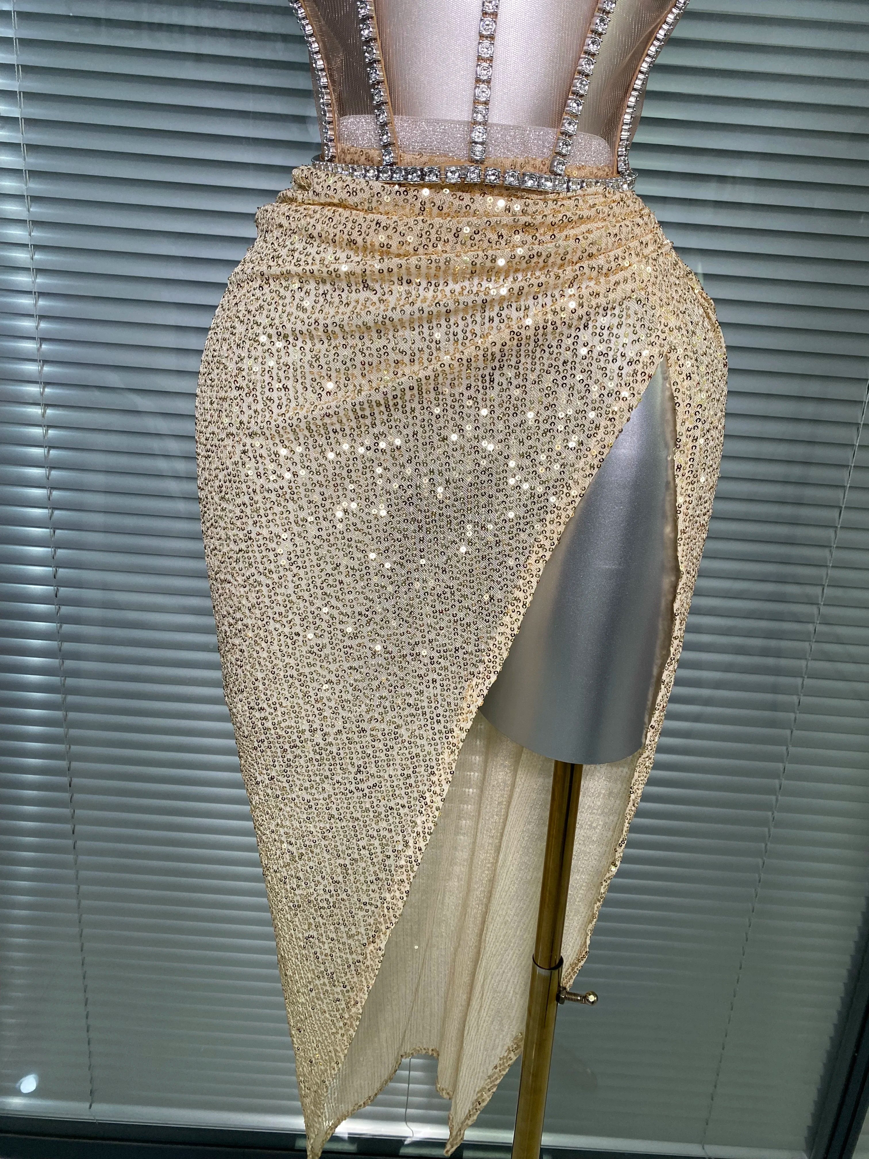 Women Sexy Sparkly Sequins Strapless Lace Openback Two Piece High Split Birthday Party Nightclub Outfit Dancer Performance Suit