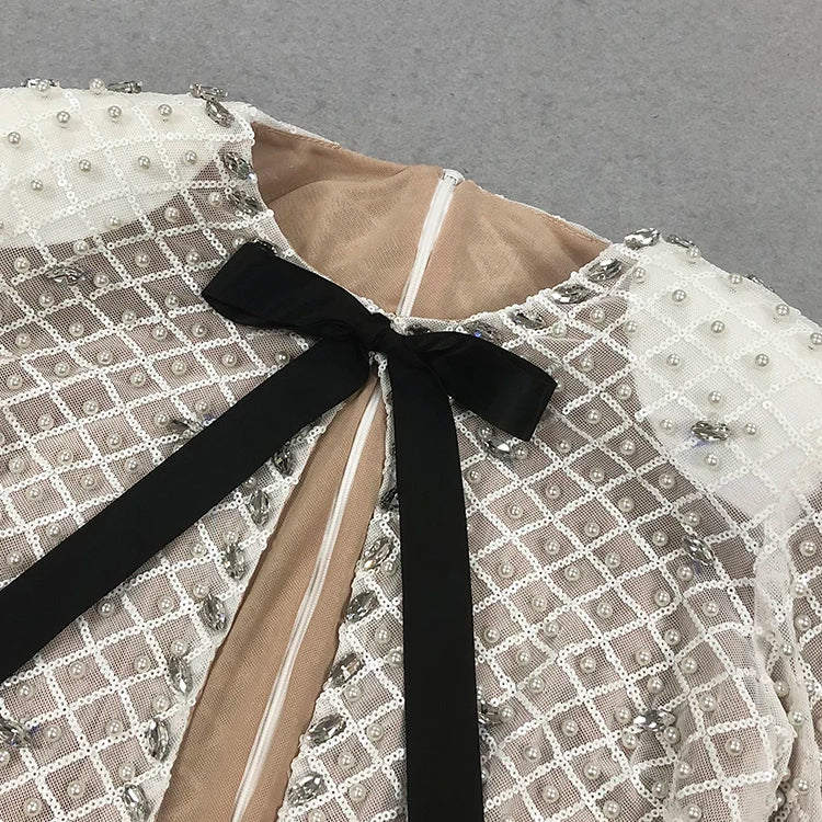 VC Pearl Sequins Hollow Out Short Dress For Women Sexy Long Sleeve Key Hole Bow Tie Diamond Beige Mini Evening Party Dress