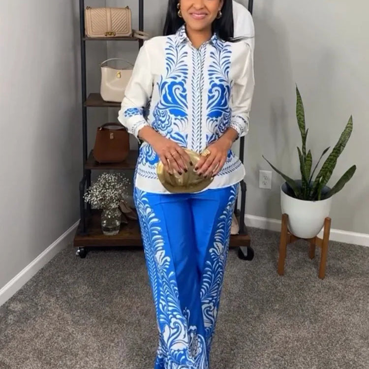 TRAFZA Women Pants Set Print Turn-Down Collar Long Sleeves Single Breasted Casual Shirts+High Waist Pocket Zipper Wide Leg Pant