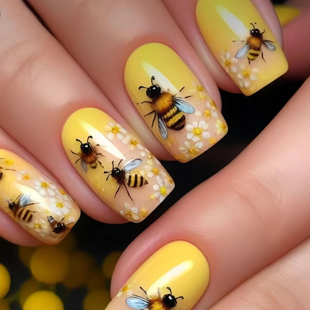 24pcs/set Medium Long fake nails for Spring summer beautiful flowers mushroom bees cute almond square tips press on false nails
