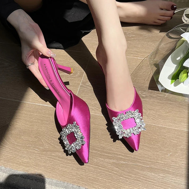 Pointed Toe Slingback Mules Women Fashion Square Rhinestone Women's Sandals Sexy Thin Heels Party Slippers Summer Sandals