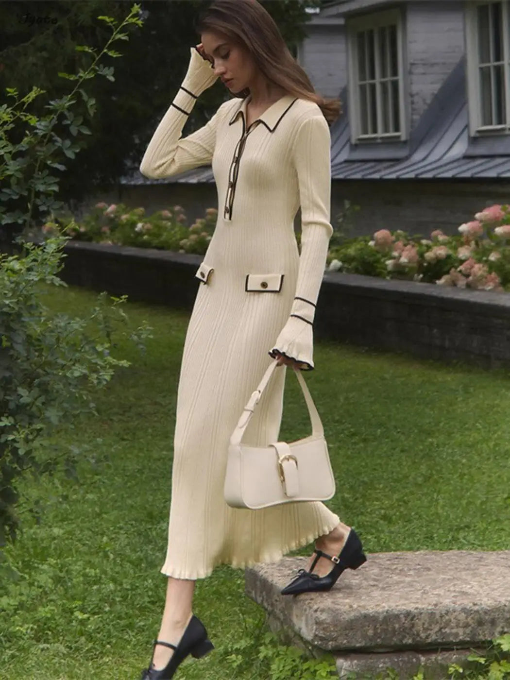 French Ruffle Knit Dress Fall Fashion Lapel Mental Button Luxury Women Dress Long Patchwork Lady Elegant Vestidos Robes New