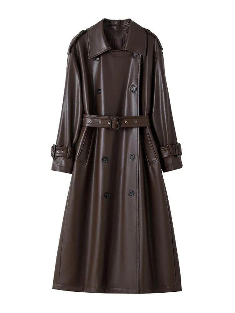 Spring Autumn Long Loose Brown Pu Leather Trench Coat for Women Belt Double Breasted American and European Fashion 2023
