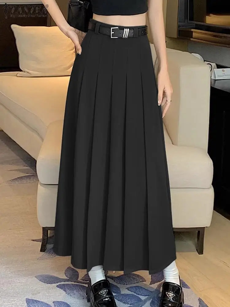 Women High Waist Jupe Korean Fashion Pleating Skirt Vintage Office Lady Spring Falda Holiday Loose Solid Maxi Skirts
