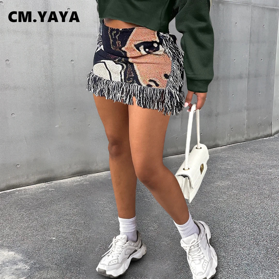 CM.YAYA 2024 Spring Casual Fashion Pattern Tassel Mini Short Skirt Slim Print Street Female INS Classic Women’s Skirts