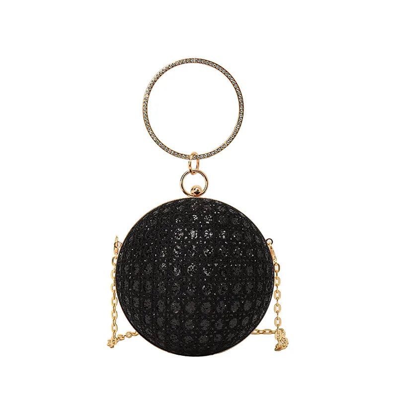 Sparkly Round Evening Purses for Women Shiny Diamonds Handbag Unusual Party Mini Small Bags Fashion Luxury Shoulder Bag Woman black Mini(Max Length<20cm)