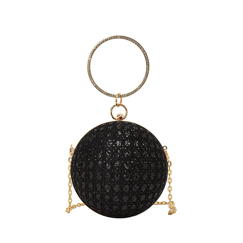 Sparkly Round Evening Purses for Women Shiny Diamonds Handbag Unusual Party Mini Small Bags Fashion Luxury Shoulder Bag Woman black Mini(Max Length<20cm)