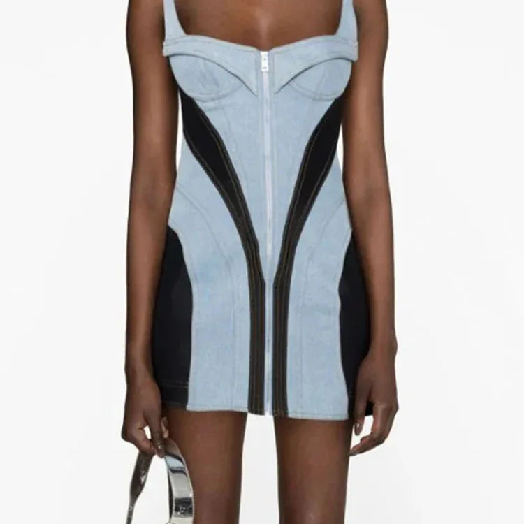 DEAT Streetwear Patchwork Contrast Color Denim Dress For Women Sleeveless Zipper Short Dresses Summer Female New 11XX4973