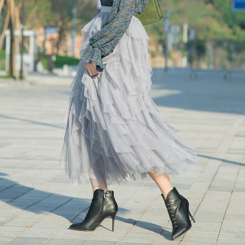 Long Maxi Skirt Women Fashion Korean Cute Pink High Waist Pleated Skirt Mesh Female Lady Aesthetic Faldas