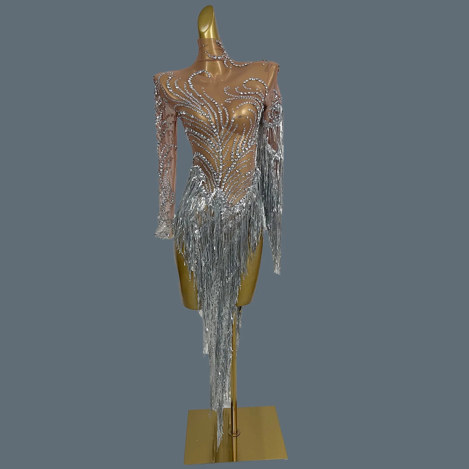 Stunning White Pearls Mini Dresses Club Show Long Sequins Tassel See Through Mesh Dress Birthday Party Dance Event Wear Fumao