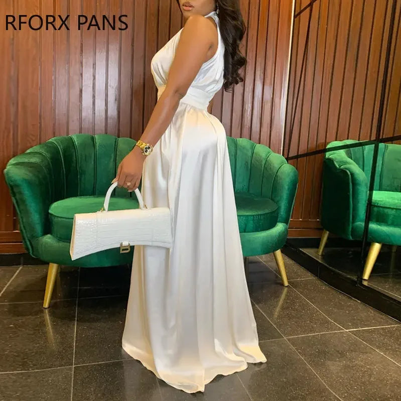 2023 Women Elegant Solid Halter Sleeveless Maxi Formal Party Sexy Satin White Dress
