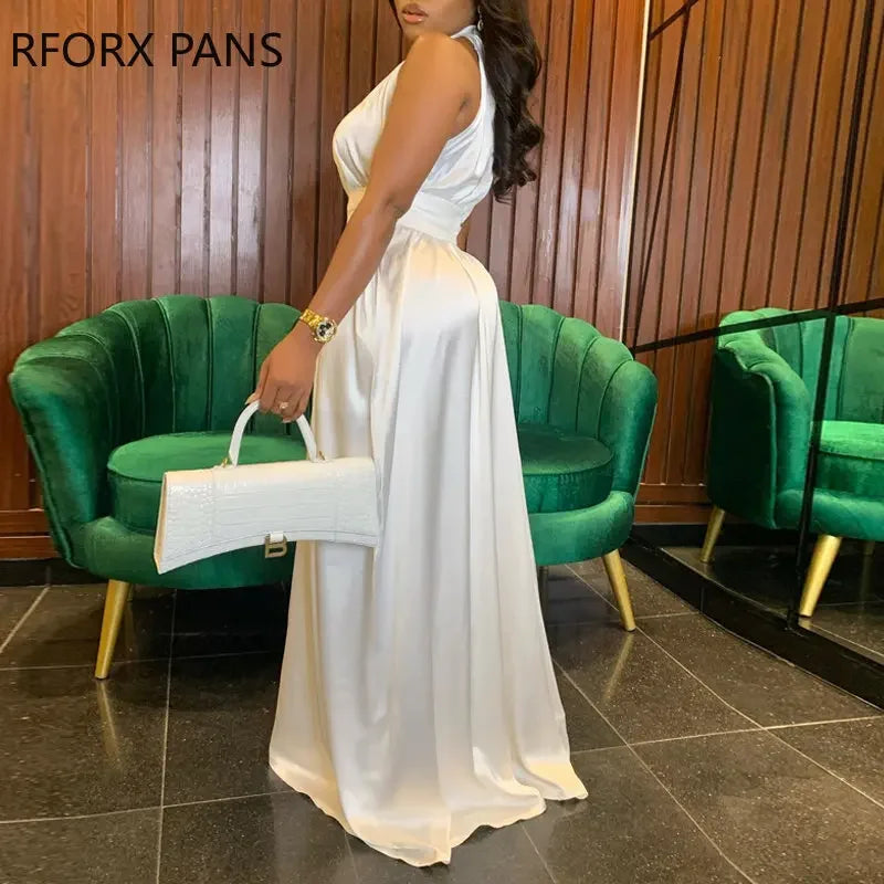 2023 Women Elegant Solid Halter Sleeveless Maxi Formal Party Sexy Satin White Dress