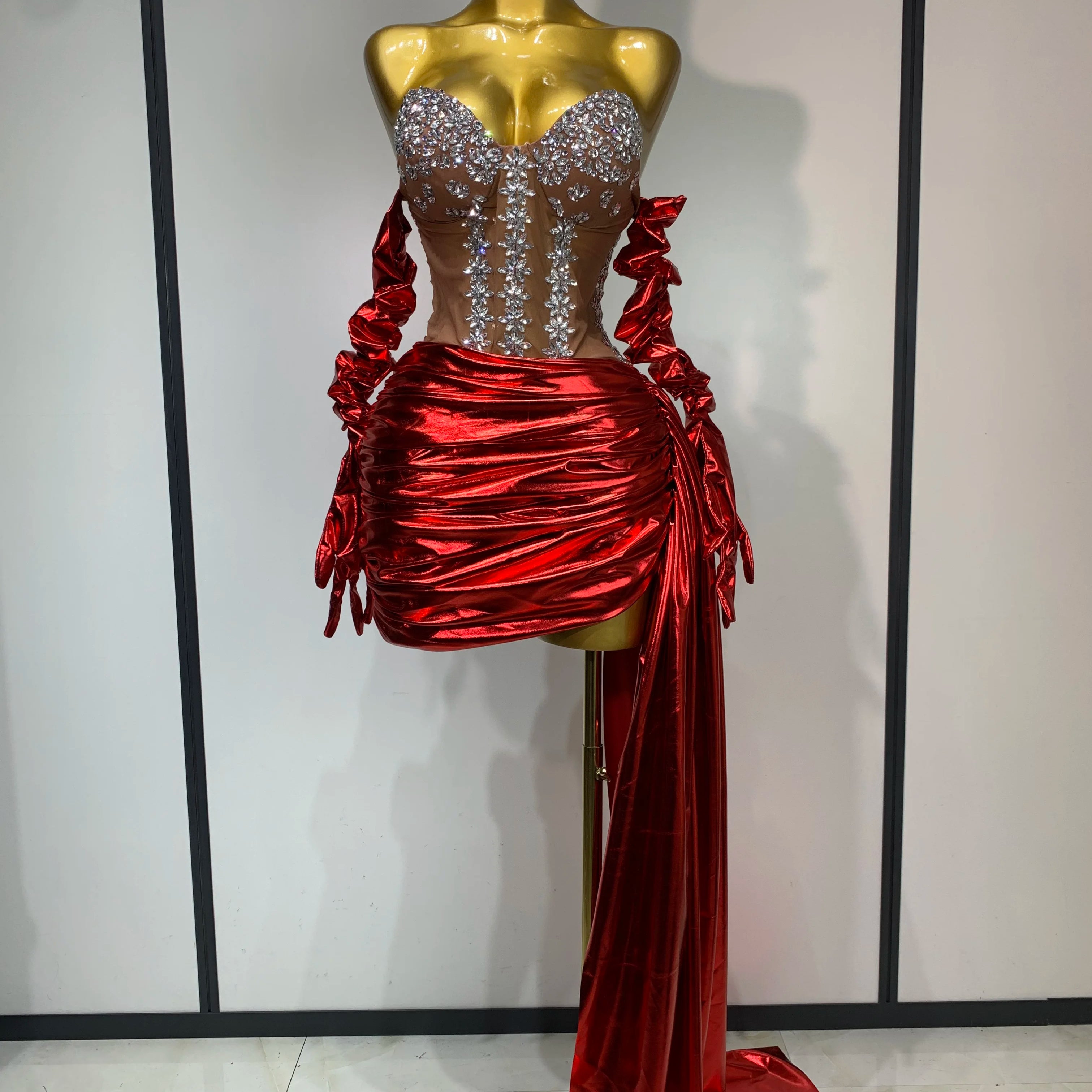 Sparkly Diamonds Sexy Mesh See Through Mini Dress Glove Women Celebrate Party Luxury Birthday Nightclub Perform Stage Outfit