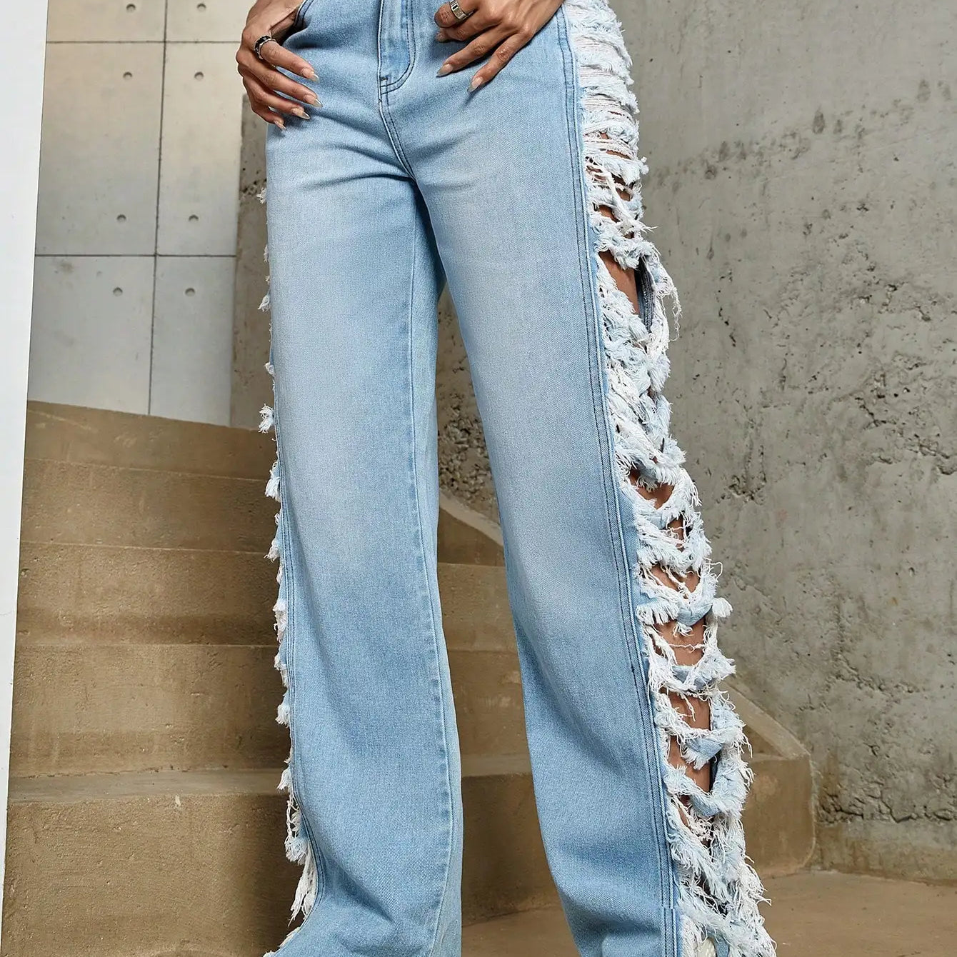 Y2K Women Fashion Side Ripped Detail Jeans Street Solid Low Waist Washed Blue Straight Leg Ladies Denim Trousers