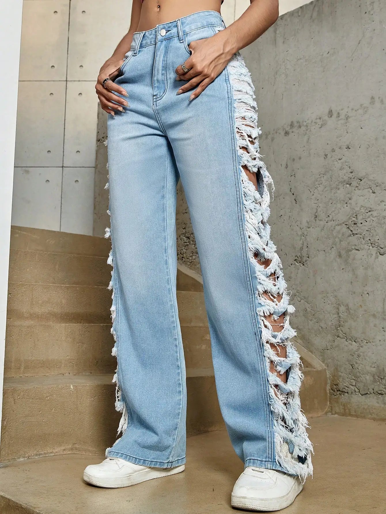 Y2K Women Fashion Side Ripped Detail Jeans Street Solid Low Waist Washed Blue Straight Leg Ladies Denim Trousers