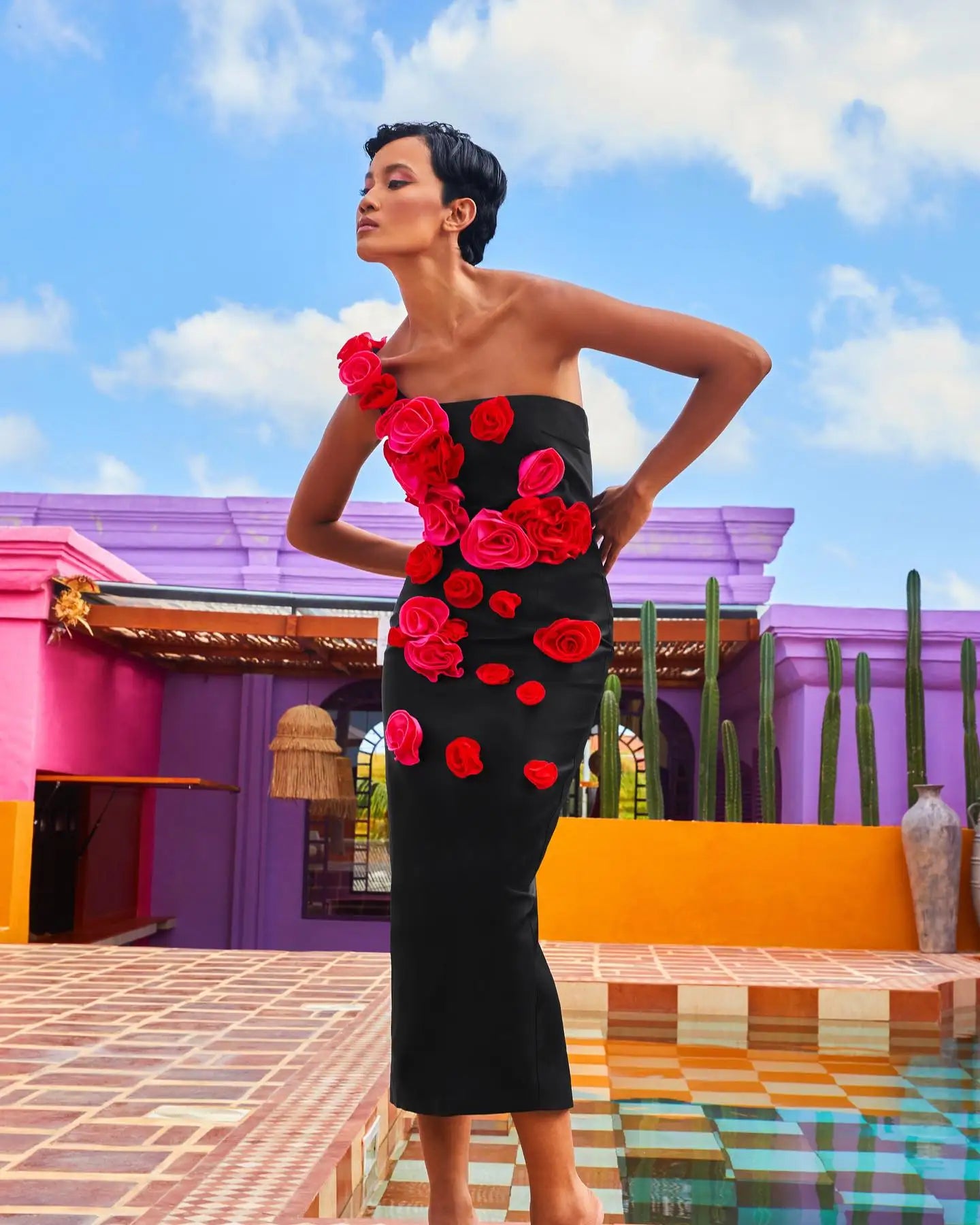 High Quality Red Flowers Strapless Black Bandage Ankle Length Dress Elegant Woman Evening Party Dress Cocktail Party Vestido