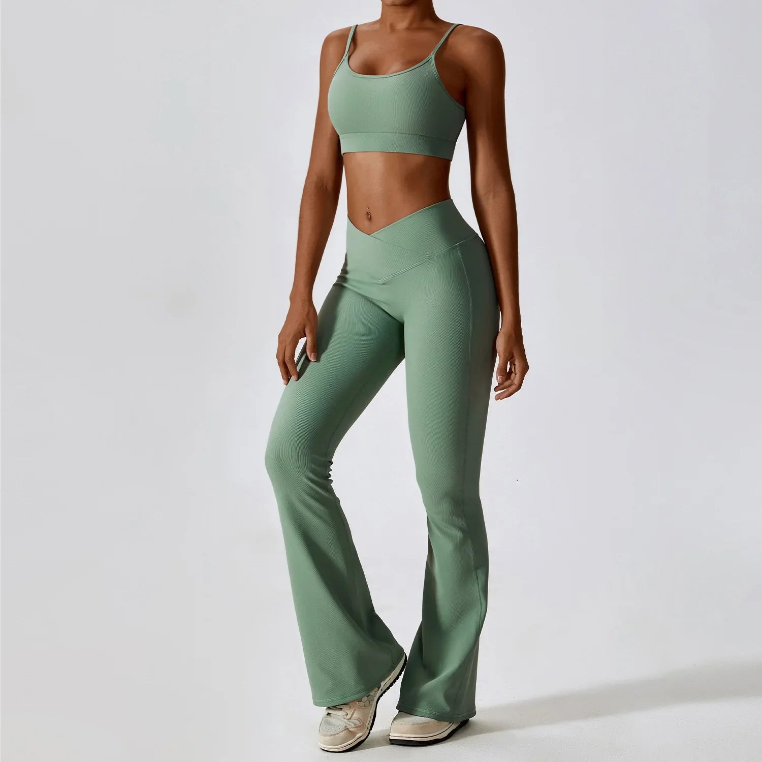 2PCS Seamless Yoga Set Gym Clothes Sportswear Yoga Suits For Women Fitness Rib Tracksuits Sports Bra Gym Leggings Sports Suits Basil Green Set-1 CHINA