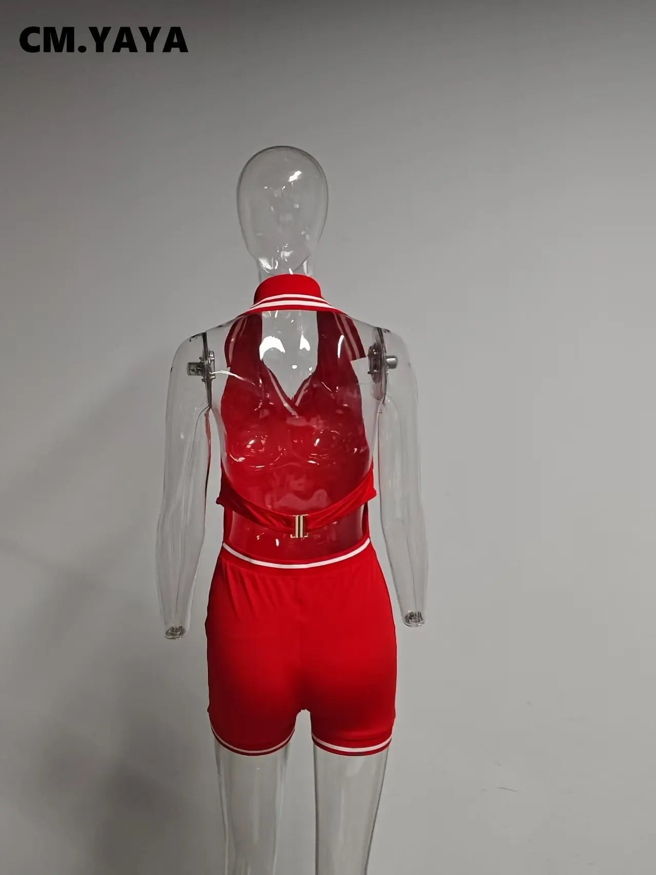 CM.YAYA Women Knitted Sleeveless V-neck Backless Short Jumpsuits Street 2025 Summer Striped One Piece Suit Romper Playsuits