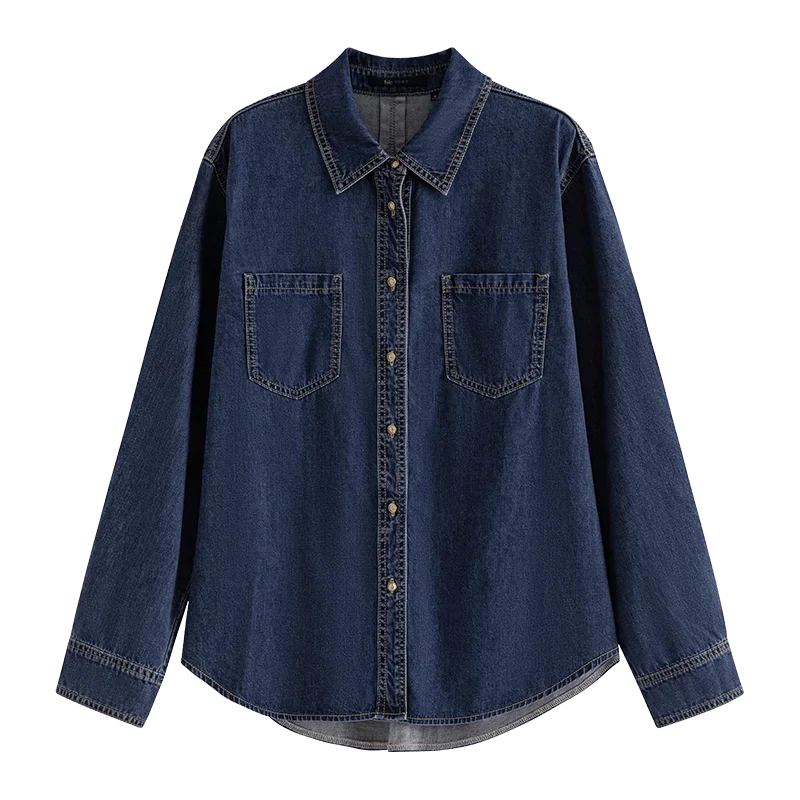 Deep Blue Soft Denim Shirt Women's Autumn Winter Long Sleeved Retro Casual Layered Shirt Blue Women Tops For Work Blue