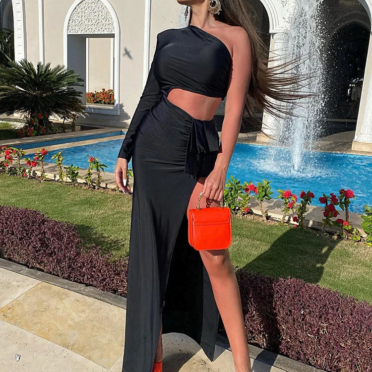VC Black Long Dress Women Diagonal Collar One-Shoulder High Slit Ruched Design Evening Party Dress 2022 Autumn Winter New