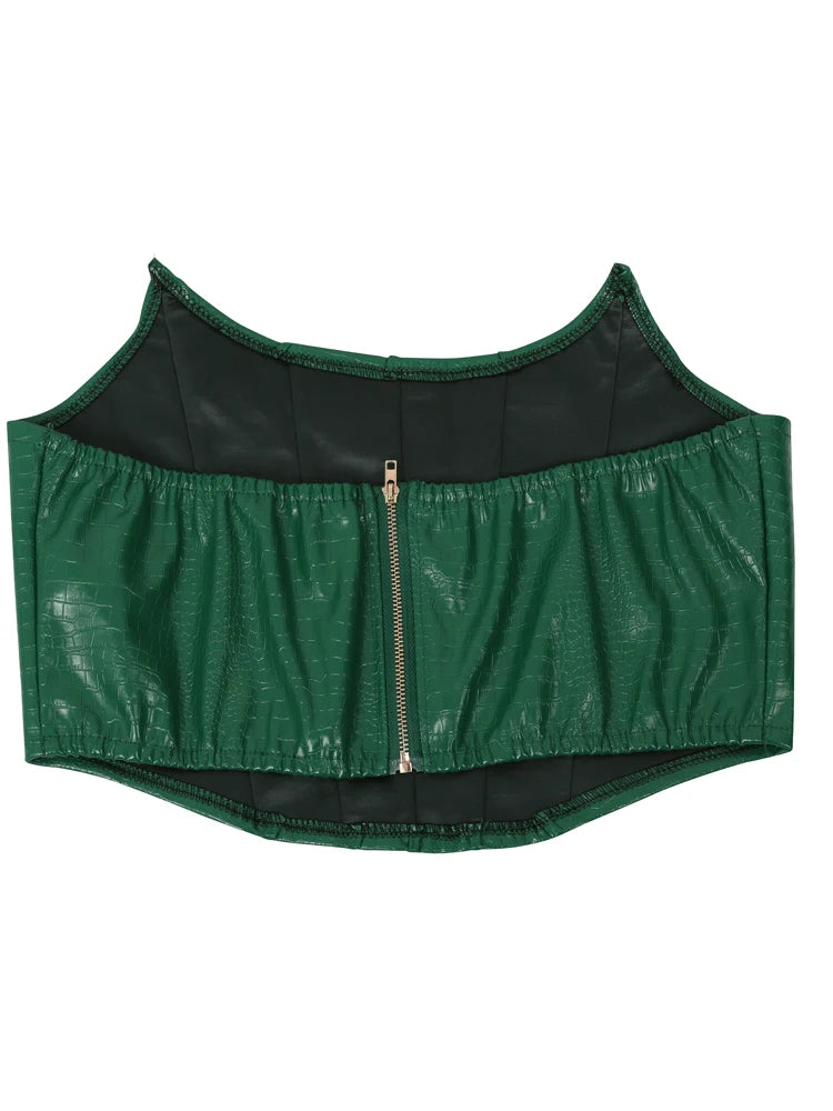 Women's Green Corset Cut-Out Cargo Metallic Jumpsuits PU Leather Matching Set Sexy Clubwear 2 Piece Outfits