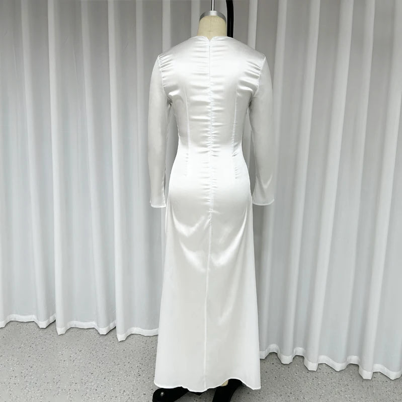 Women Maxi Dress Autumn Elegant Solid Round Neck Loose Satin White Party Long Dresses High Streetwear For Female