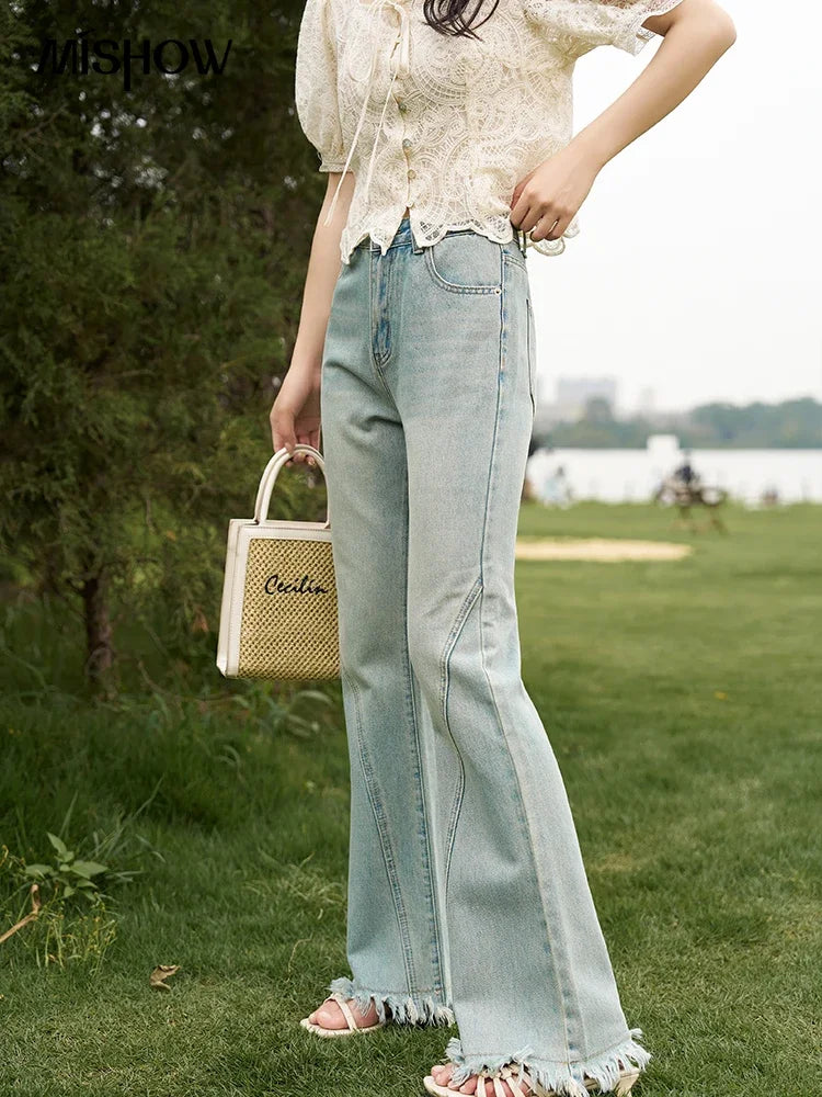Flare Jeans for Women Retro Denim Blue Fashion Basic Straight High Waist Pockets Woman Full Length Pants MXC38K0108